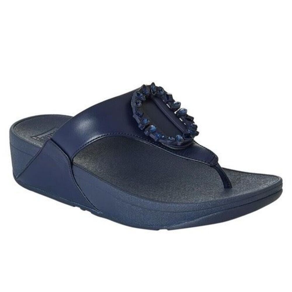 FitFlop Womens Sandals Navy Size 8 LULU Crystal Circlet Leather Wedge Thong NEW